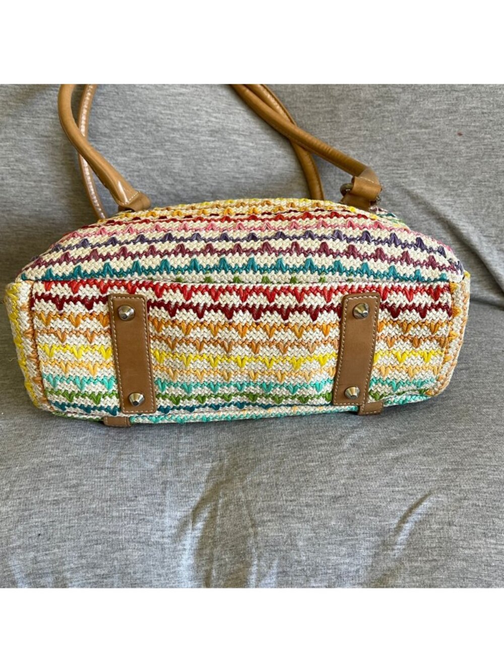 Rainbow Woven Tote Bag With Tan Faux Leather Trim & Double Handles - Picture 3 of 6